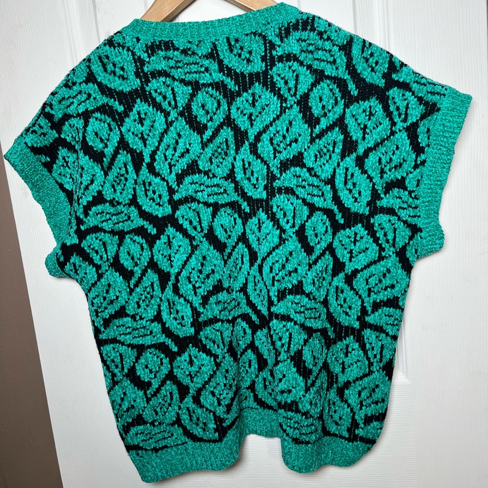Carducci Women's Sweater Size M Teal & Black Leaf Pattern Knit Pullover V-Neck - Picture 6 of 13
